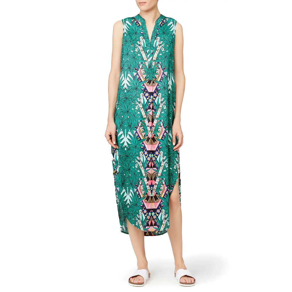 Mara Hoffman Maristar Tropical Print Sleeveess Midi Shirt Dress Green Women's M